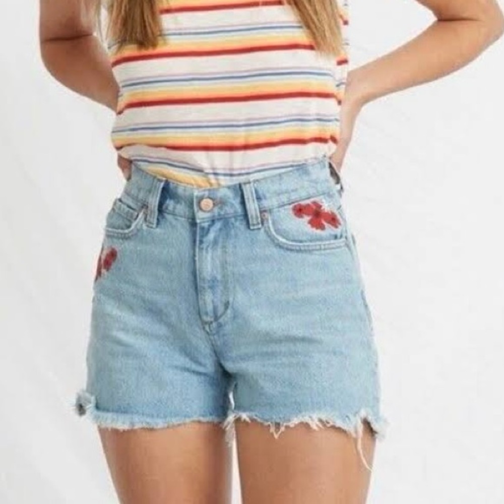 Marine Layer Light Blue Denim Shorts with Red Floral Embroidery